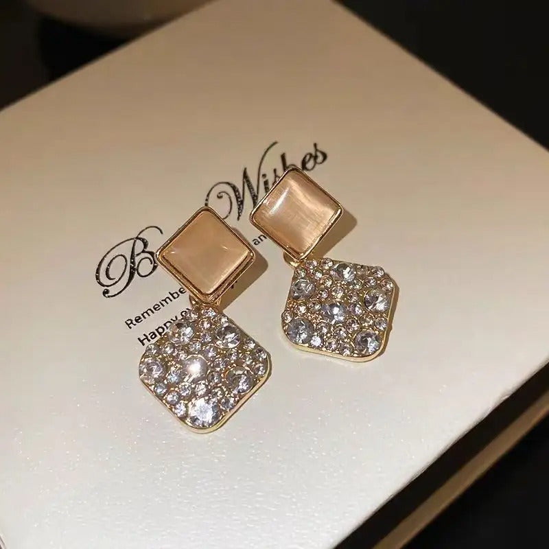 Geometric Zircone & Cat's Eye Stone Earrings