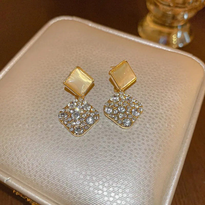 Geometric Zircone & Cat's Eye Stone Earrings