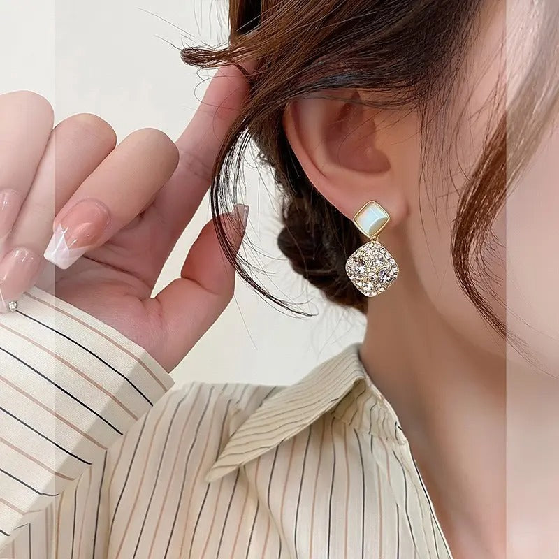 Geometric Zircone & Cat's Eye Stone Earrings
