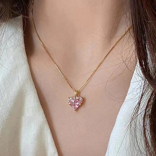 Anti Tarnish Elegant Pink Heart Chain Necklace