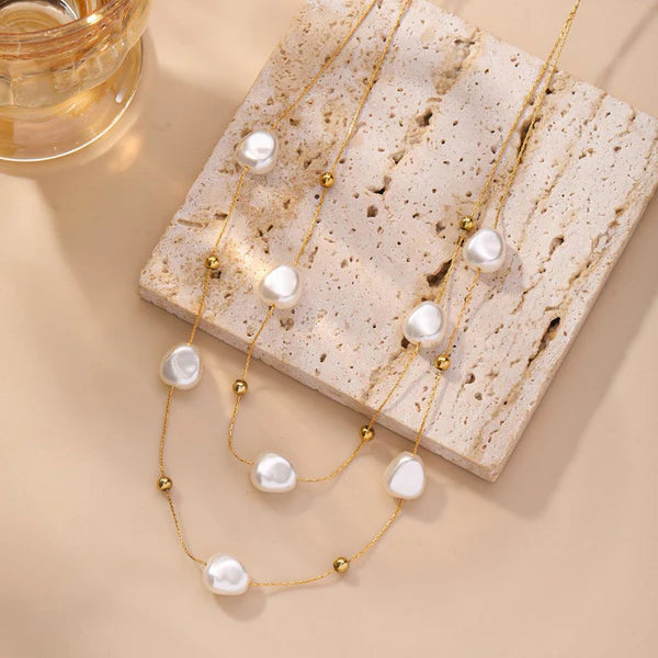 Anti Tarnish Elegant Pearl Double Layer Chain Necklace