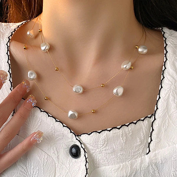 Anti Tarnish Elegant Pearl Double Layer Chain Necklace