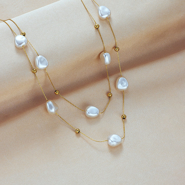 Anti Tarnish Elegant Pearl Double Layer Chain Necklace
