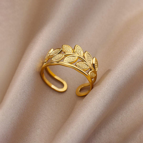 Gold Plated Anti Tarnish Stainless Steel Leaf Themed Contemporary Ring