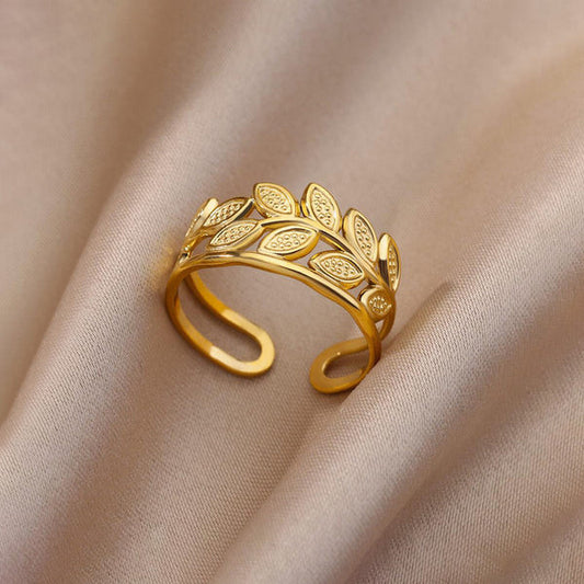 Gold Plated Anti Tarnish Stainless Steel Leaf Themed Contemporary Ring