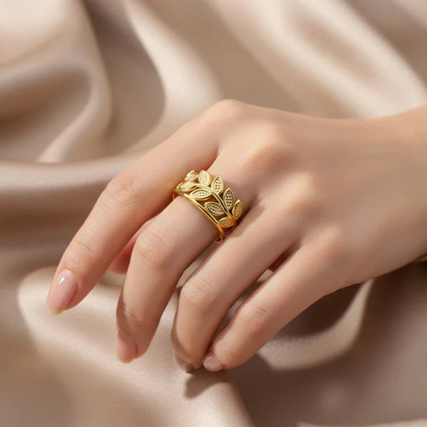 Gold Plated Anti Tarnish Stainless Steel Leaf Themed Contemporary Ring