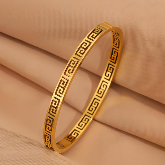 Anti Tarnish Greek Geometric Pattern Laser Cut Bangle Bracelet