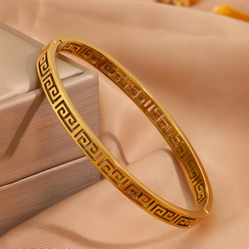 Anti Tarnish Greek Geometric Pattern Laser Cut Bangle Bracelet