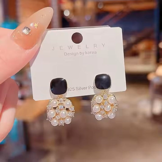 Trendy Drop Pearl Diamond Earrings