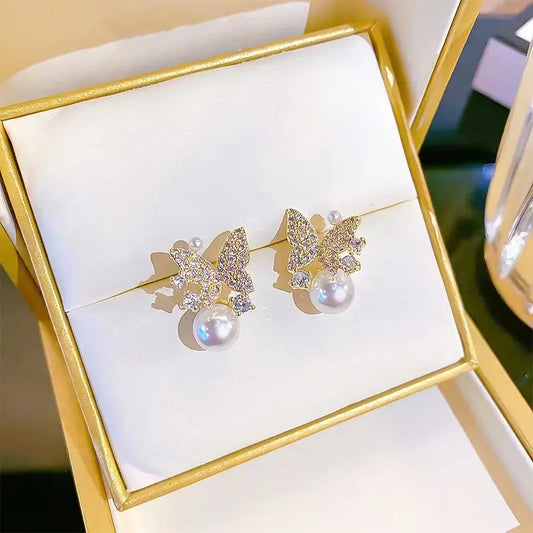 Butterfly Pearl Diamond Stud Earring