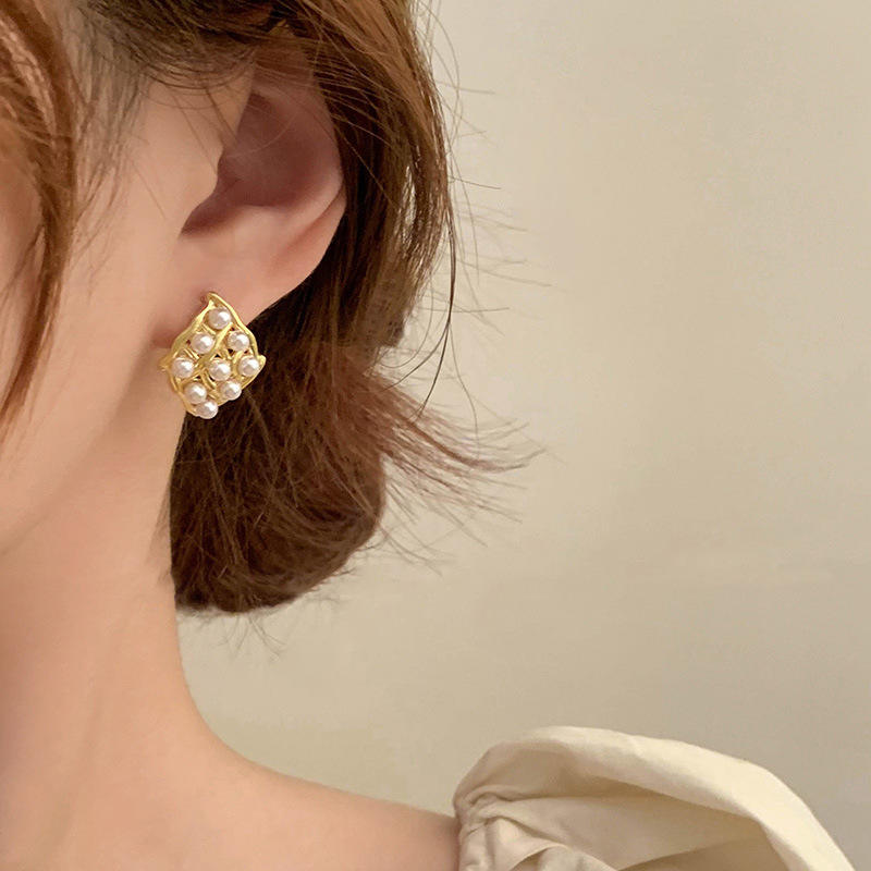 Korean Fashion Pave Geometric Pearl Stud Earring
