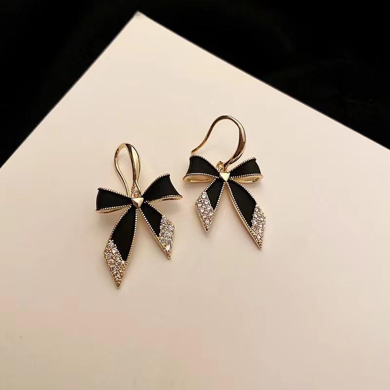Korean New Black Bow Micro Diamond Earrings