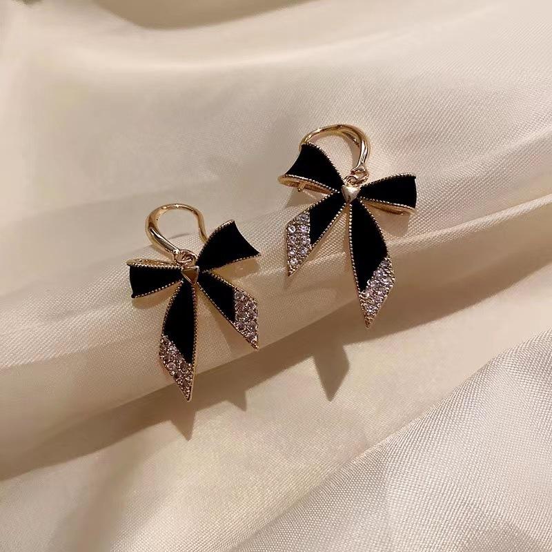 Korean New Black Bow Micro Diamond Earrings