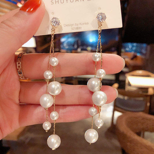 Korean Version Long Pearl Alloy Drop Earrings
