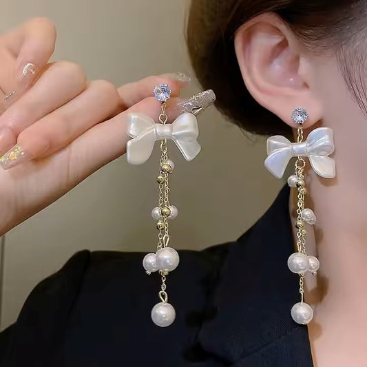 Pearl Bow Drop Earrings