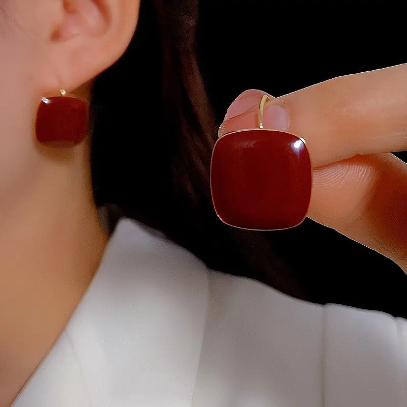 Maroon Retro Square Stud Earrings
