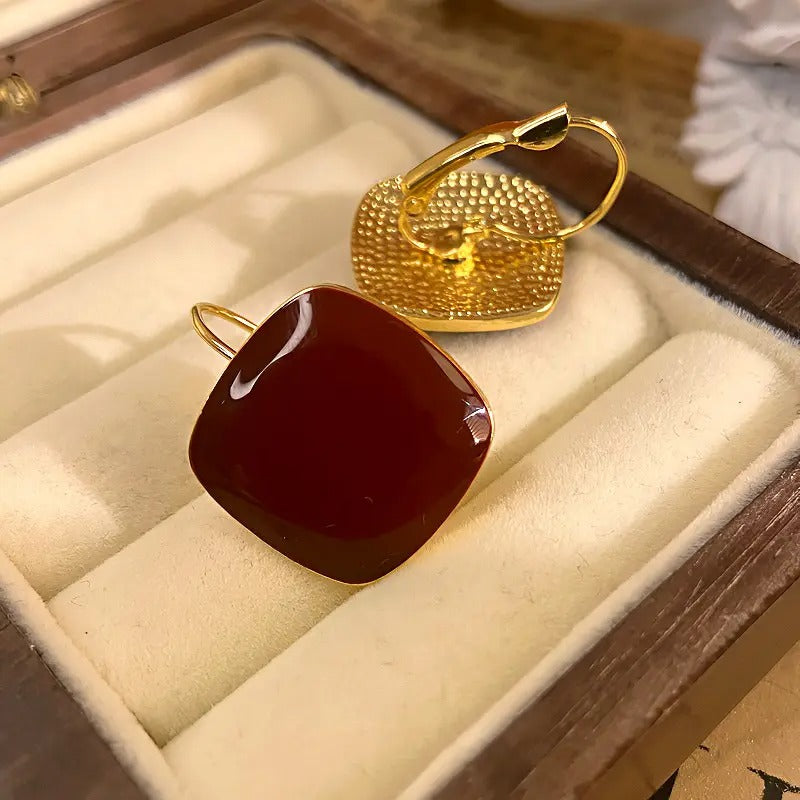 Maroon Retro Square Stud Earrings