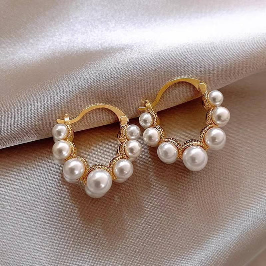 Retro Elegant Double Row Imitation Pearl Oval Hoop Earrings