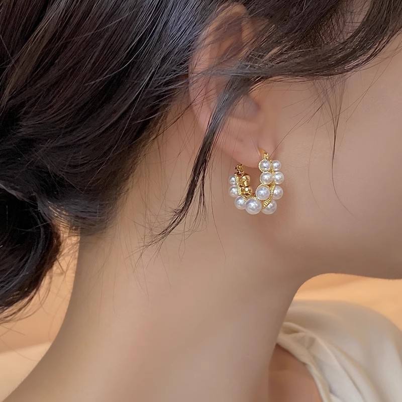 Retro Elegant Double Row Imitation Pearl Oval Hoop Earrings
