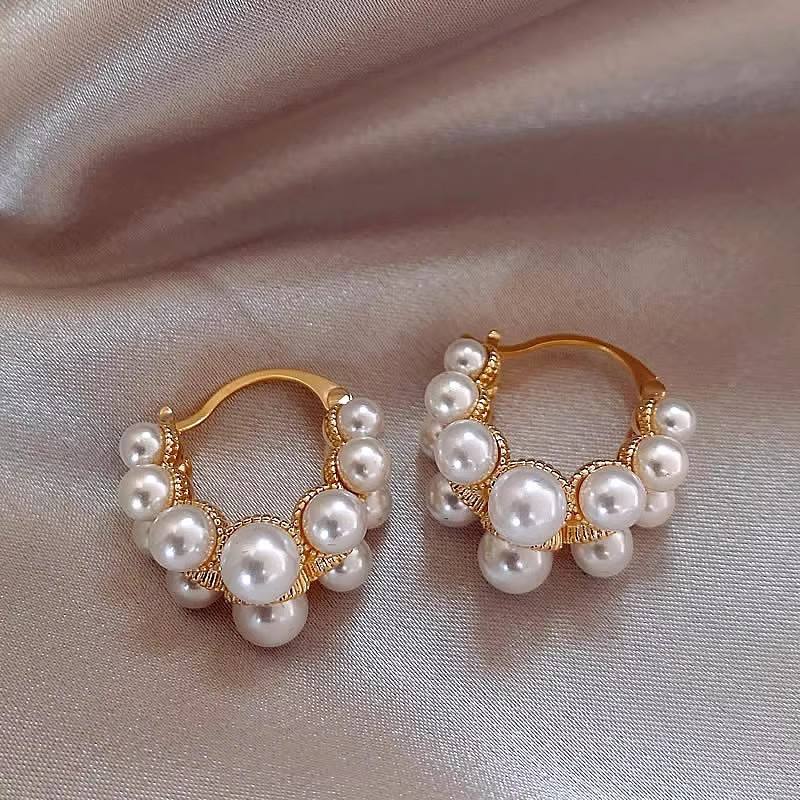 Retro Elegant Double Row Imitation Pearl Oval Hoop Earrings