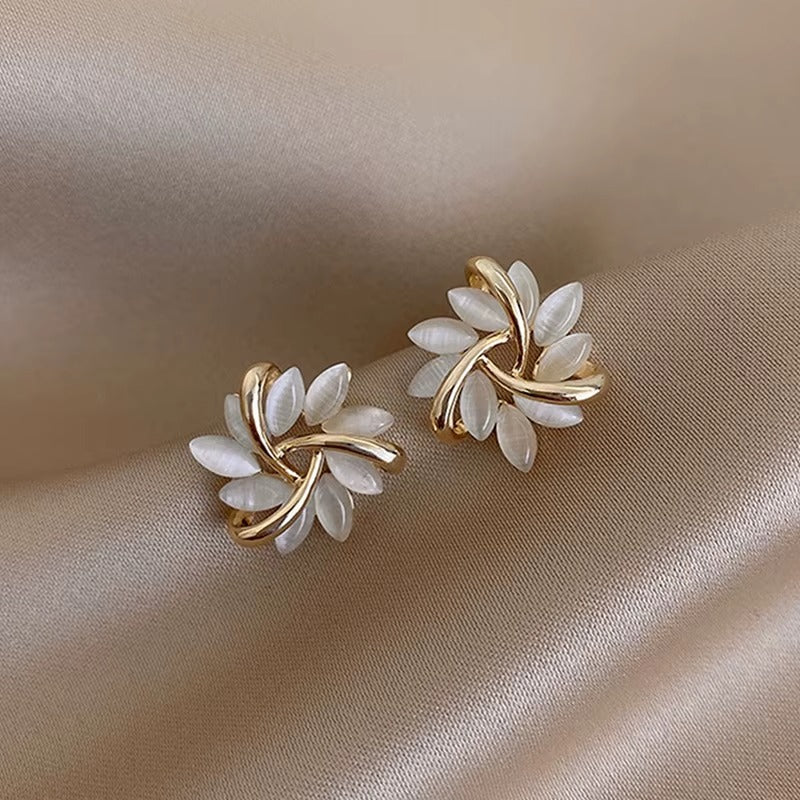 Opal Leaf Round Stud Earrings
