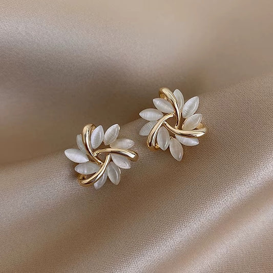 Opal Leaf Round Stud Earrings