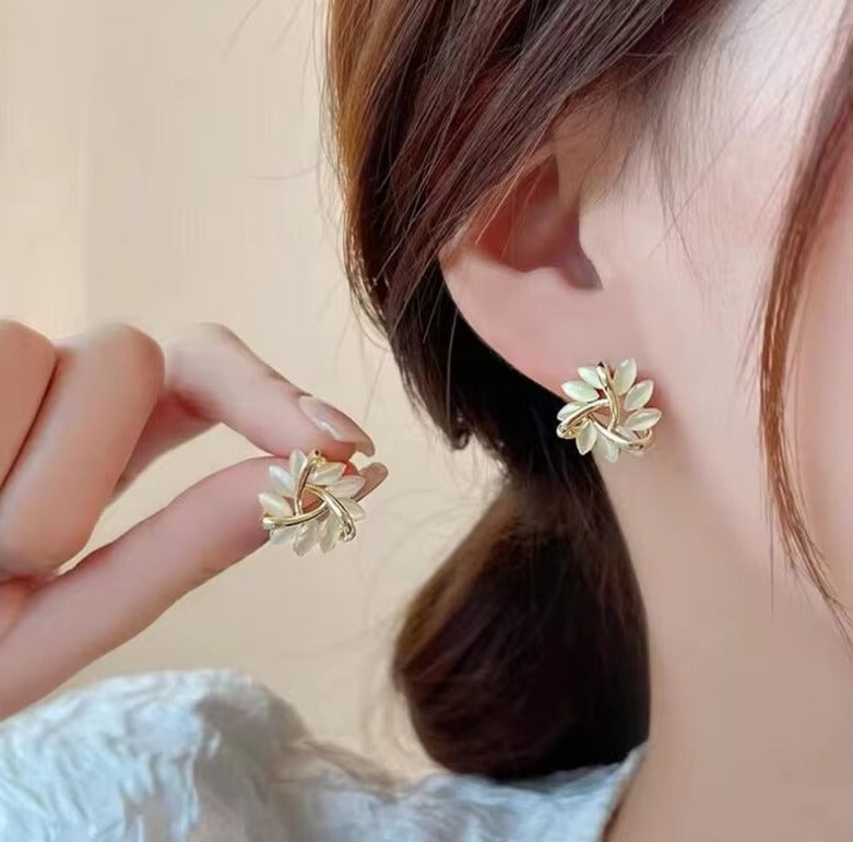 Opal Leaf Round Stud Earrings