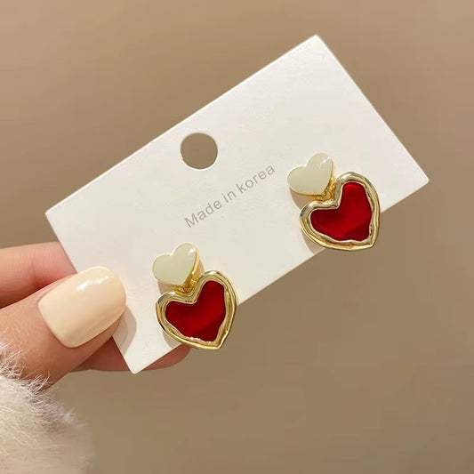 Red & White Enameled Heart Studs