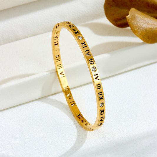 Anti Tarnish Roman Numbers Cut & Stone Bangle Bracelet