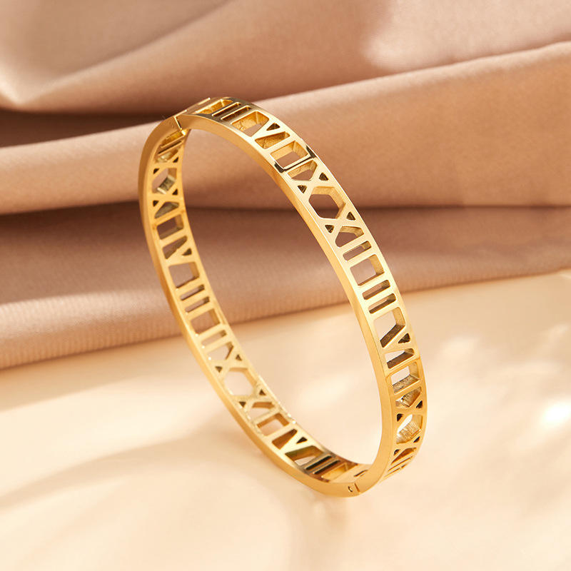 Anti Tarnish Roman Numeral Cuts Bangle Bracelet