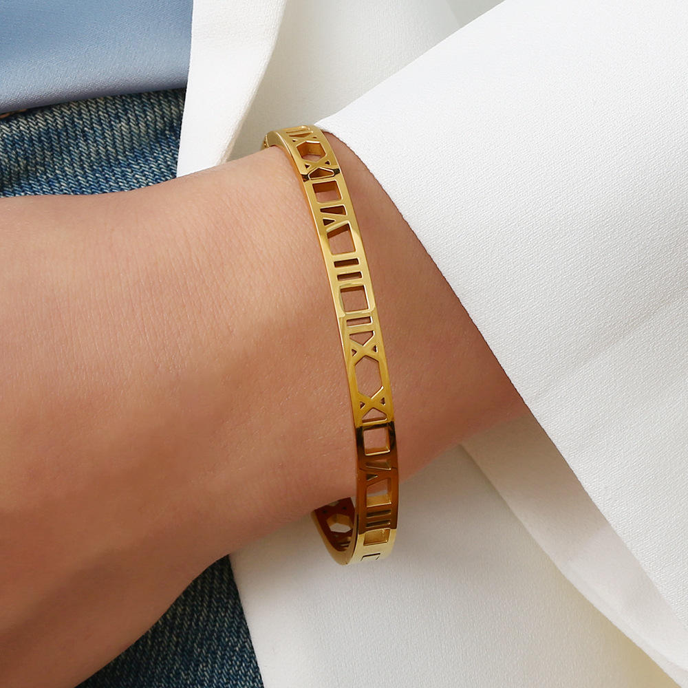 Anti Tarnish Roman Numeral Cuts Bangle Bracelet