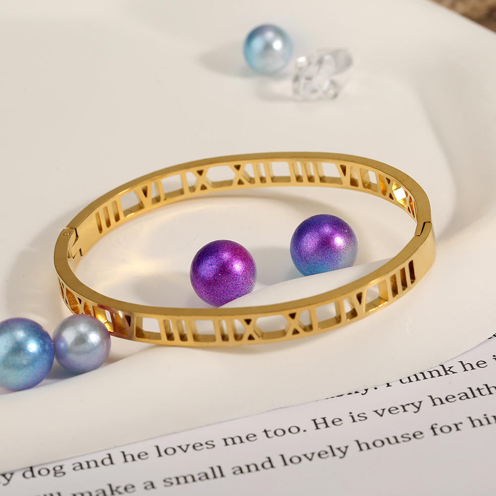 Anti Tarnish Roman Numeral Cuts Bangle Bracelet