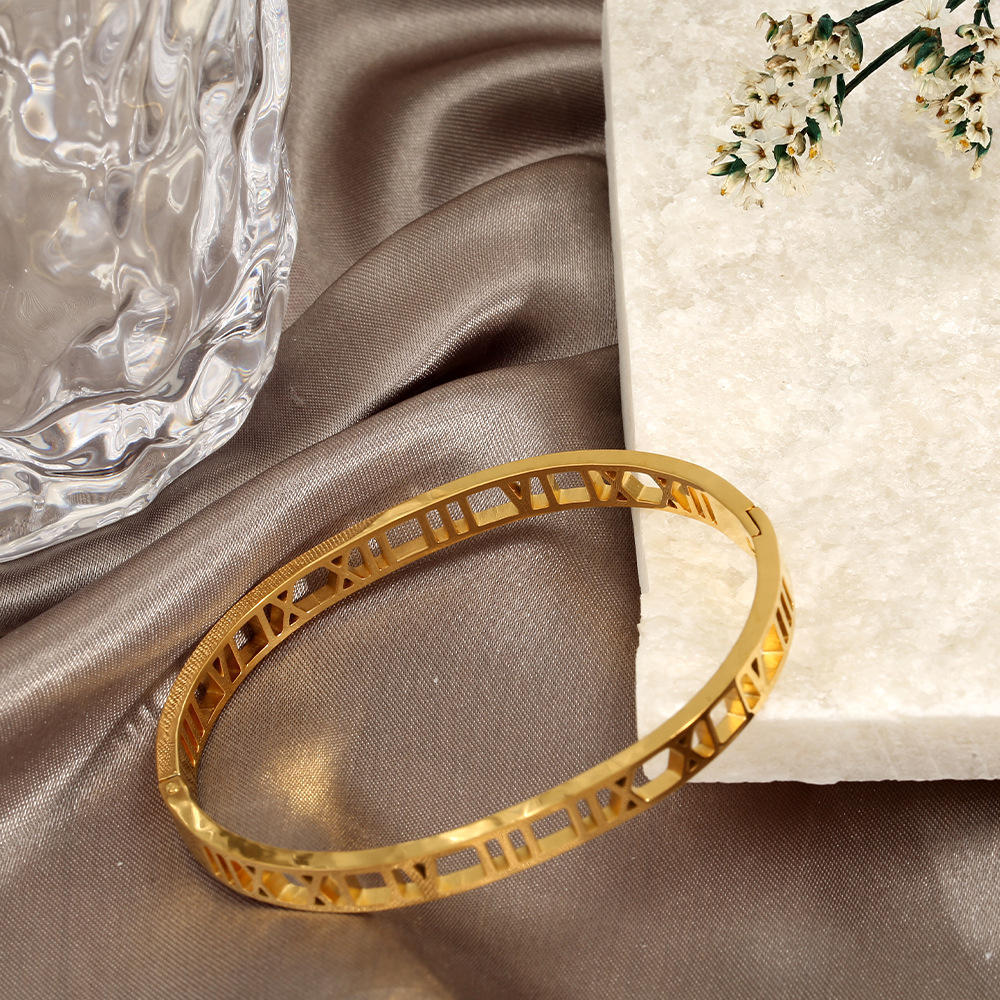 Anti Tarnish Roman Numeral Cuts Bangle Bracelet