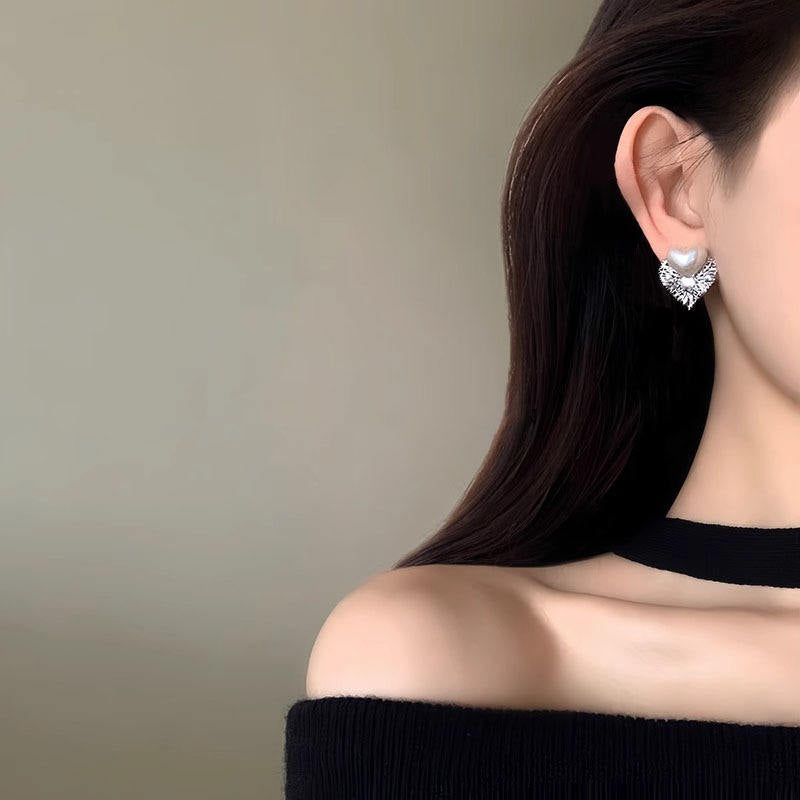 Silver Pearl Heart Stud Earrings