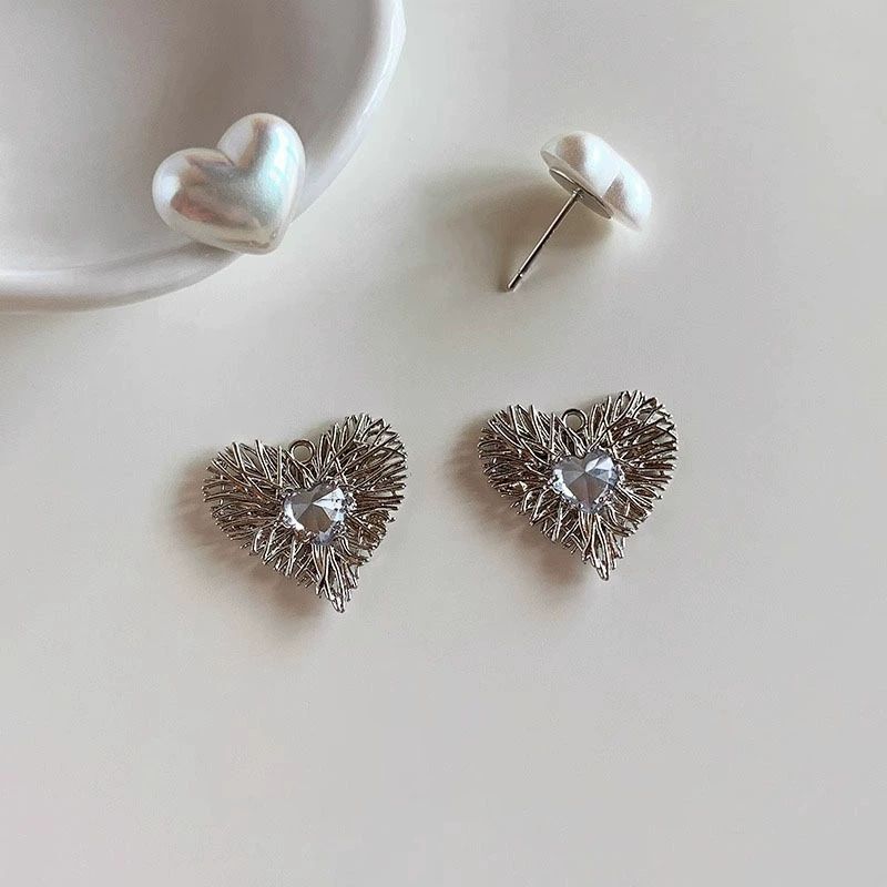 Silver Pearl Heart Stud Earrings