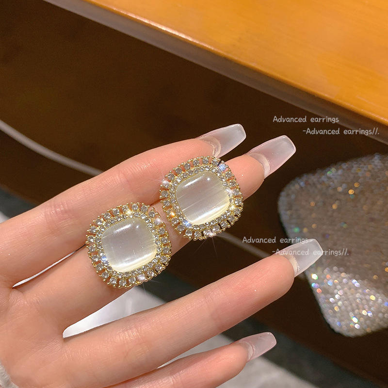 Sparkling Rhinestone Opal Square Stud Earrings