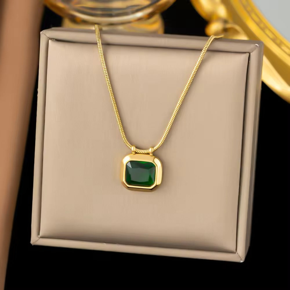 Anti Tarnish Square Cubic Emerald Style Stone Pendant Necklace