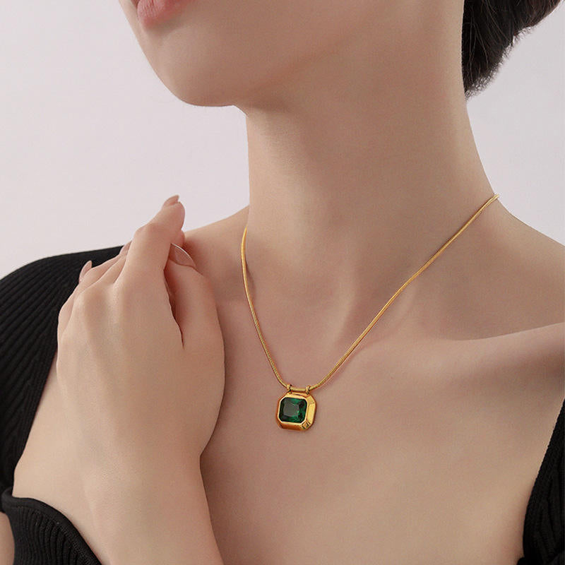 Anti Tarnish Square Cubic Emerald Style Stone Pendant Necklace