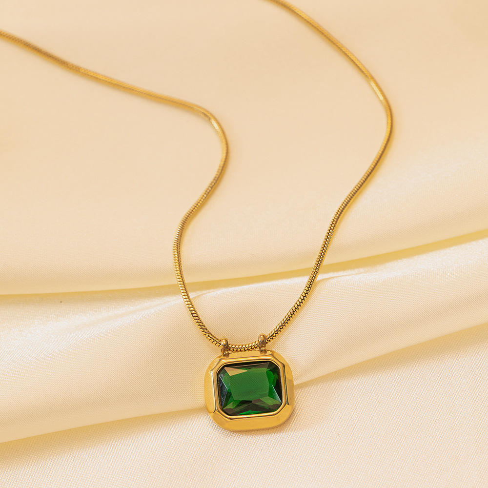 Anti Tarnish Square Cubic Emerald Style Stone Pendant Necklace