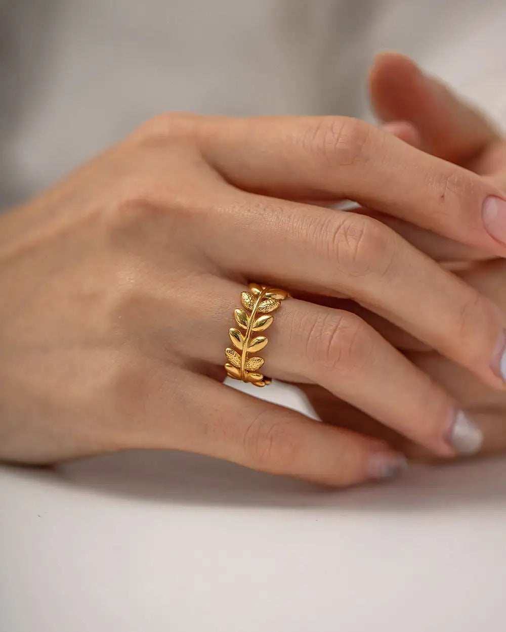 Gold Plated Anti Tarnish Stainless Steel Elegant Leaf Ring