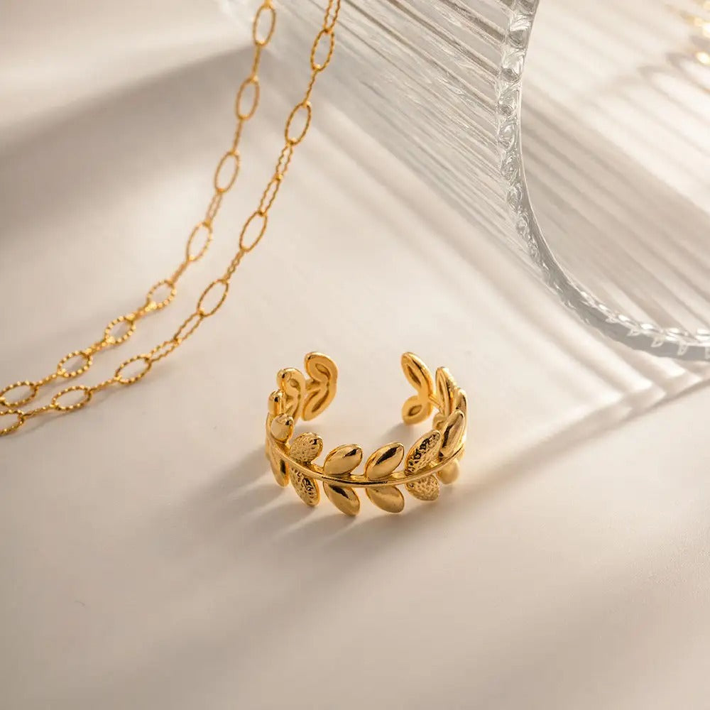 Gold Plated Anti Tarnish Stainless Steel Elegant Leaf Ring