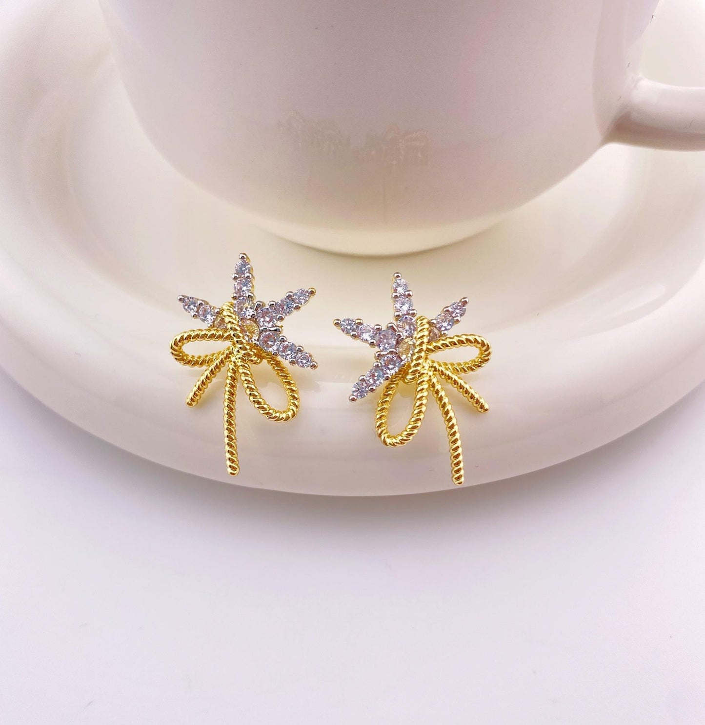 Trendy Gold Plated Bow Knot Shaped Cubic Zirconia Diamond
