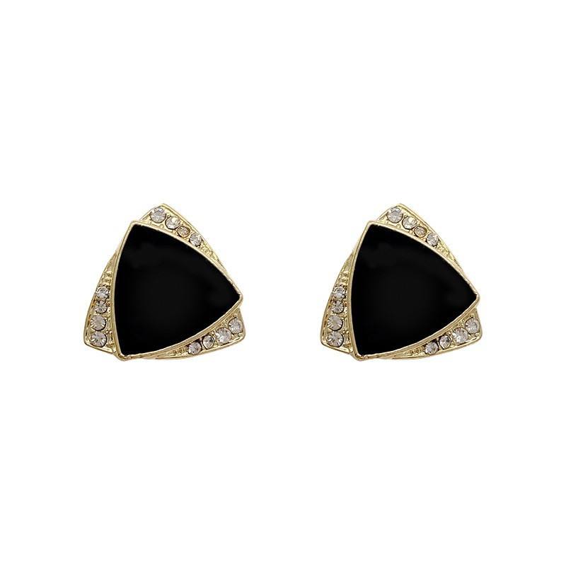 Vintage Rhinestone Gold Tone Black Enamel Triangle Stud Earrings