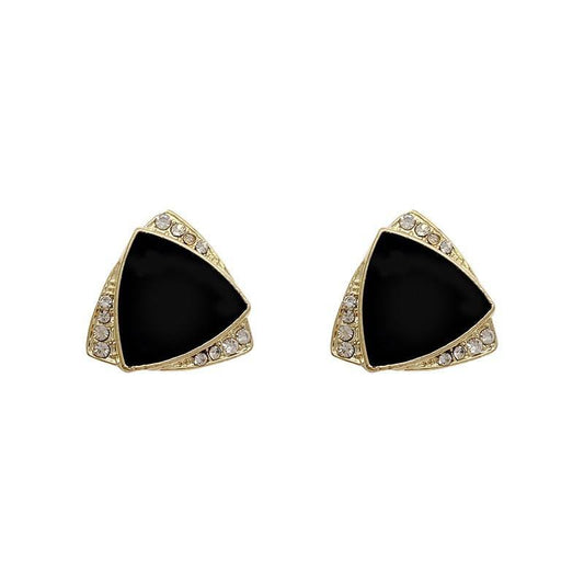 Vintage Rhinestone Gold Tone Black Enamel Triangle Stud Earrings
