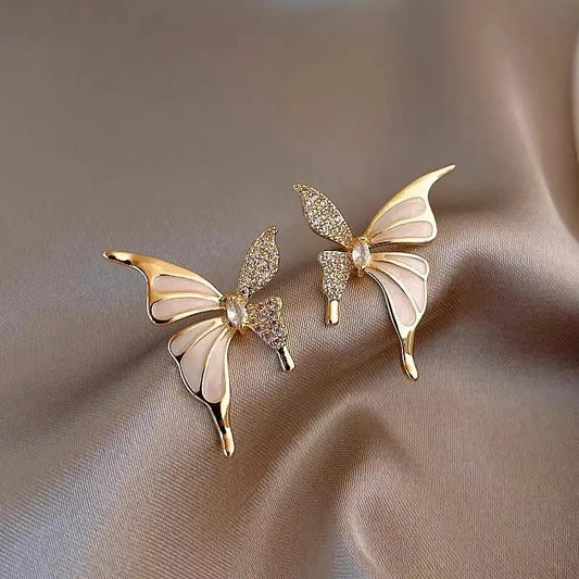 White Enamel & Stone Butterfly Stud Earrings
