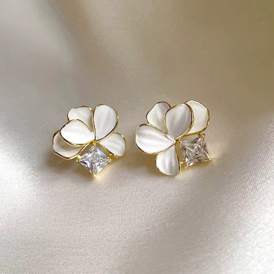 White Shell Camellia Flower Stud Earrings