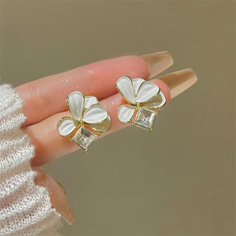 White Shell Camellia Flower Stud Earrings