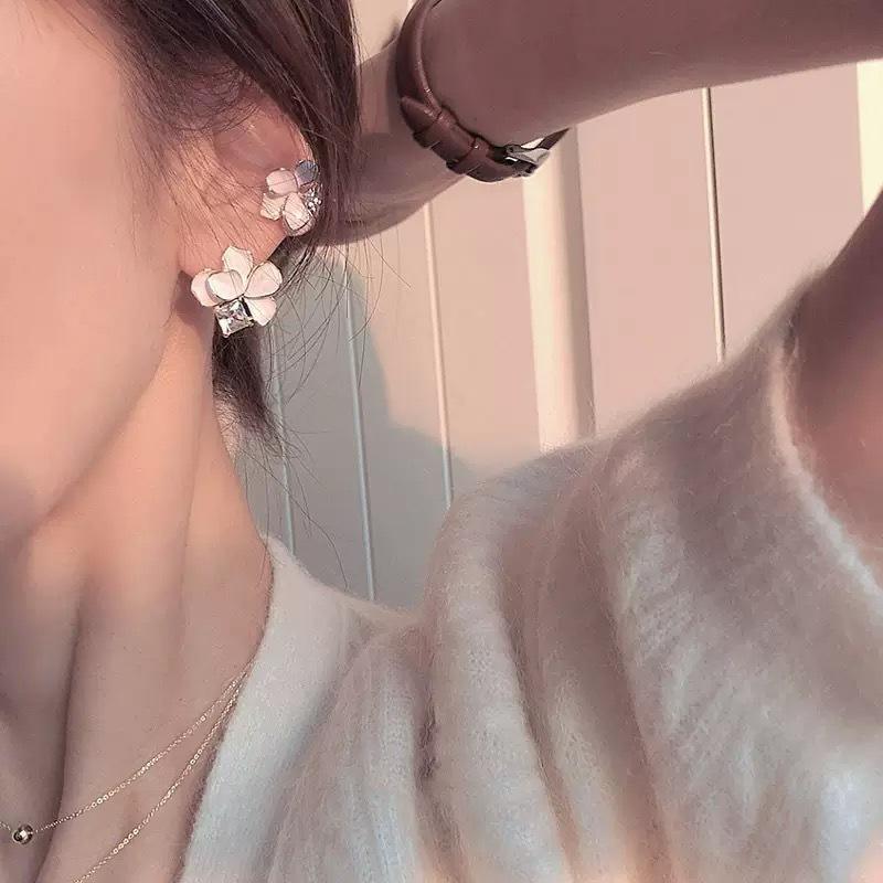 White Shell Camellia Flower Stud Earrings