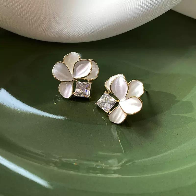 White Shell Camellia Flower Stud Earrings