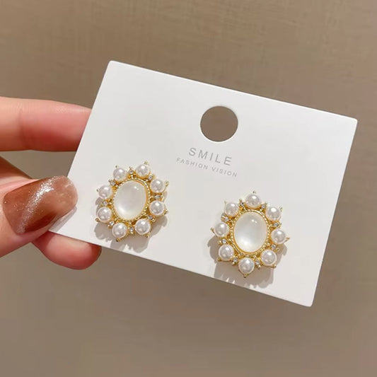 Opal Pearl Circle Stud Earrings